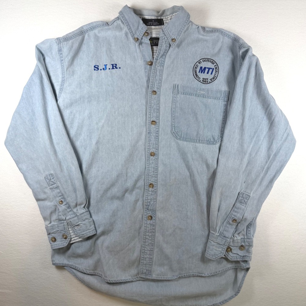 Vintage Mens Light Wash Denim Button Down Shirt MTI Defense Patch Blue‎ Small